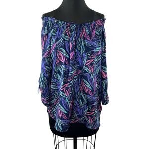 YUMI KIM Purple Pink Neon Silk Tropical Off-Shoulder Cinch Tie Sleeve Blouse S